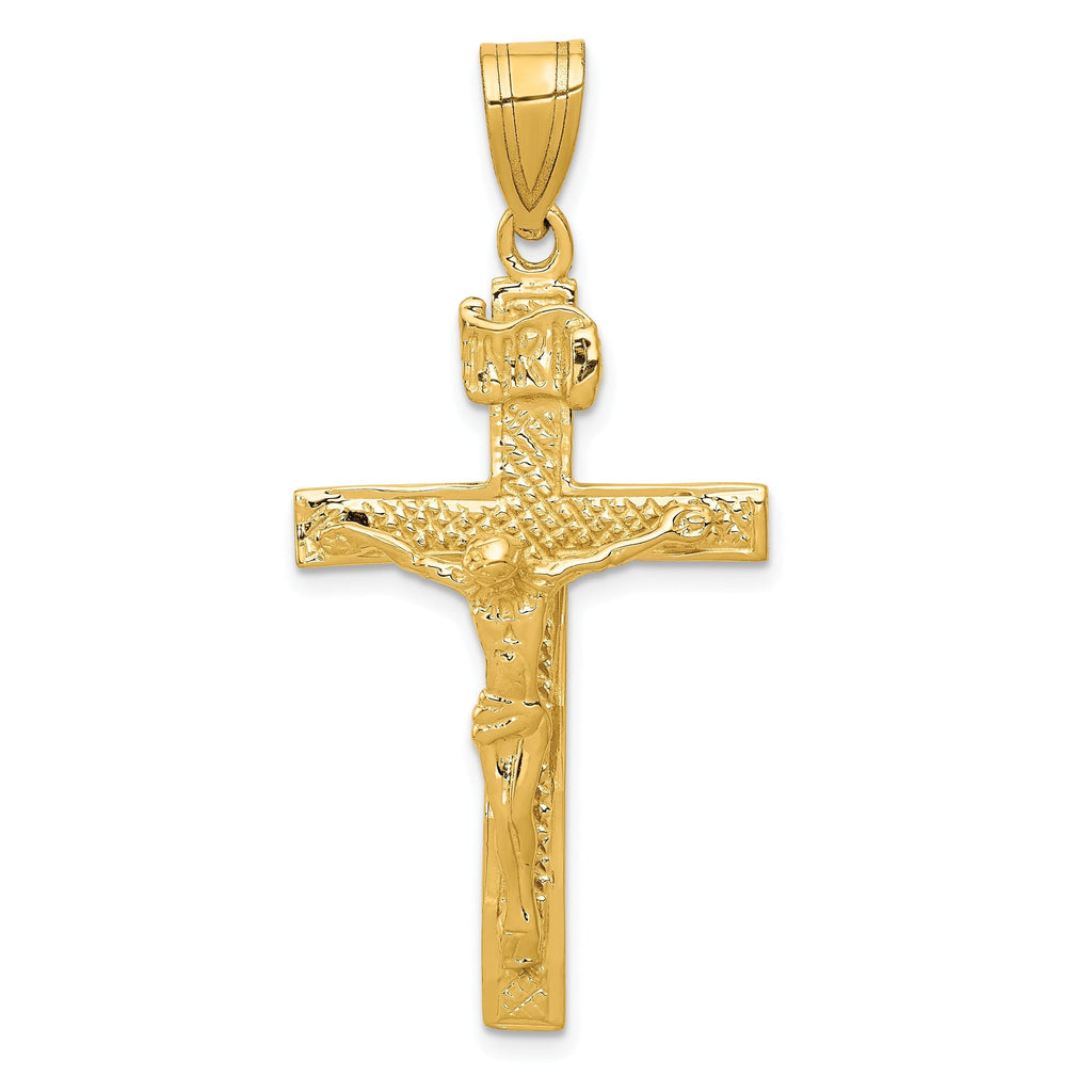 14K Gold INRI Crucifix Pendant with Textured Polished Finish Elegant Religious Symbol