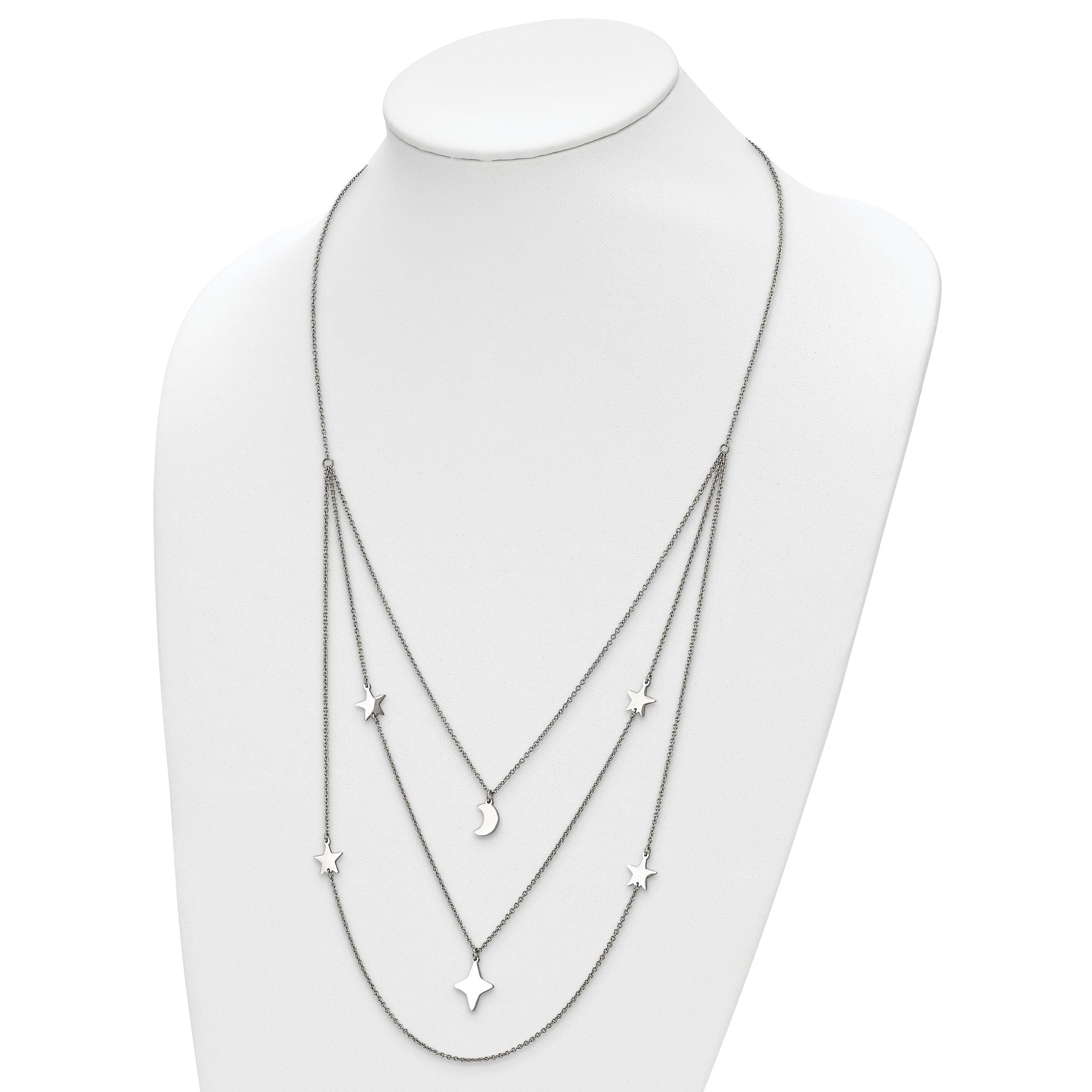 Chisel Stainless Steel Polished Stars and Moon Multi Strand 24.25 inch Cable Chain with 1.75 inch Extension Necklace