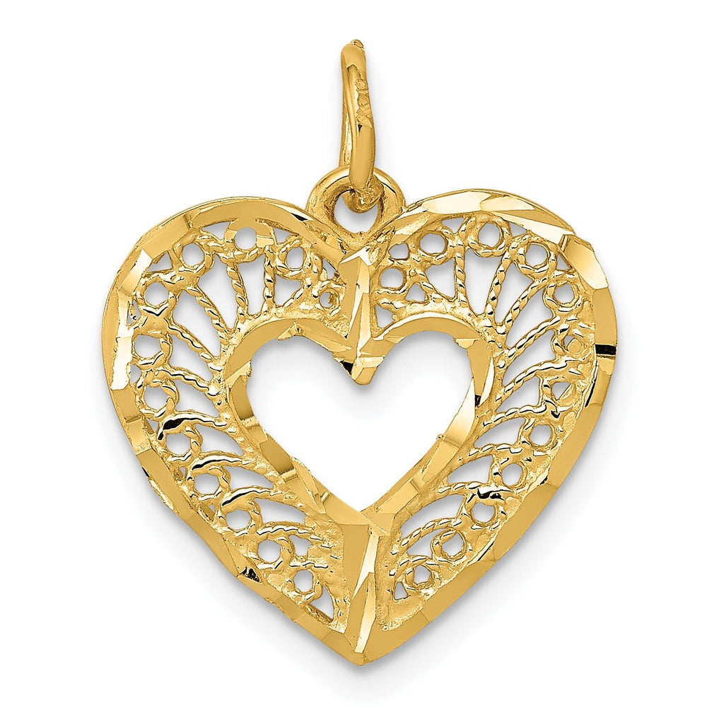 14K Gold Polished Heart Pendant with Filigree Diamond-Cut Design