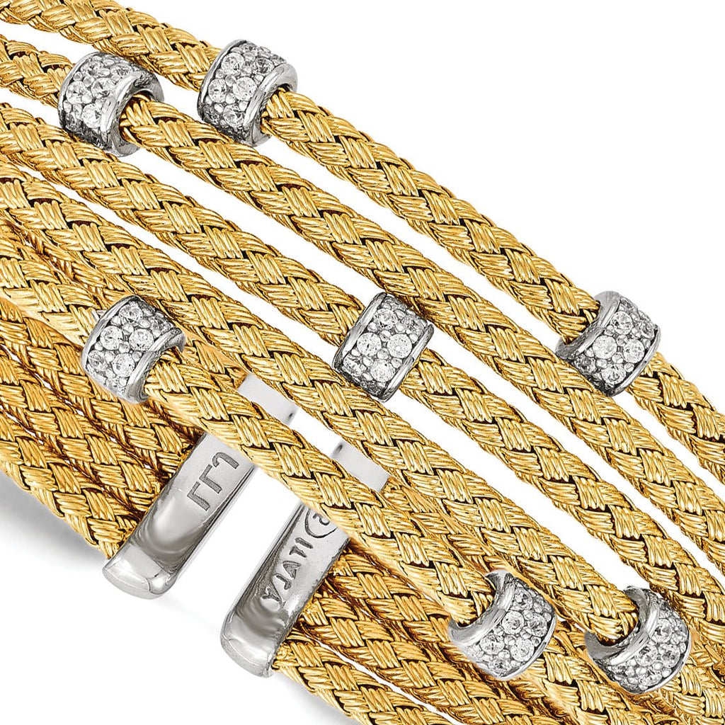 Sophia Jewelers Sterling Silver Gold-Plated Flexible Cuff with White CZ Woven Design