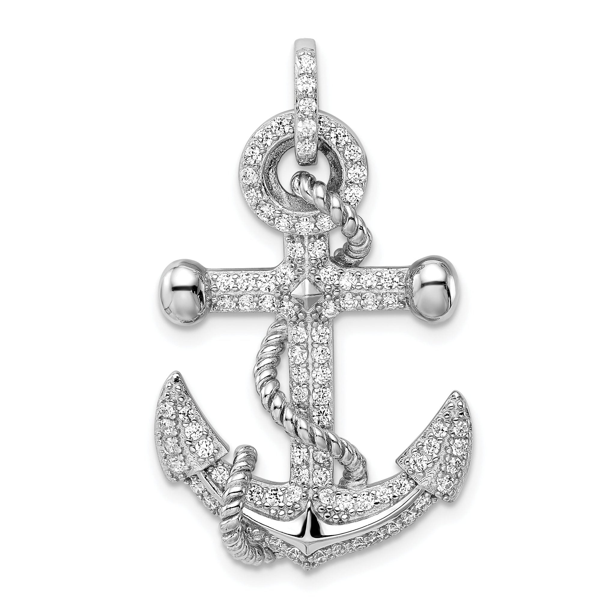 Sterling Silver 925 CZ Anchor Pendant with Polished Rhodium Finish