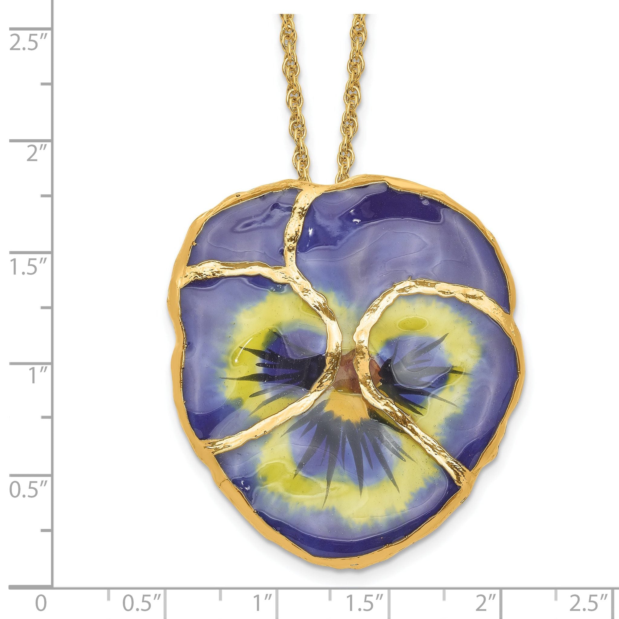 24K Gold-trim Lacquer Dipped Blue Real Pansy with 20 inch Gold-tone Necklace
