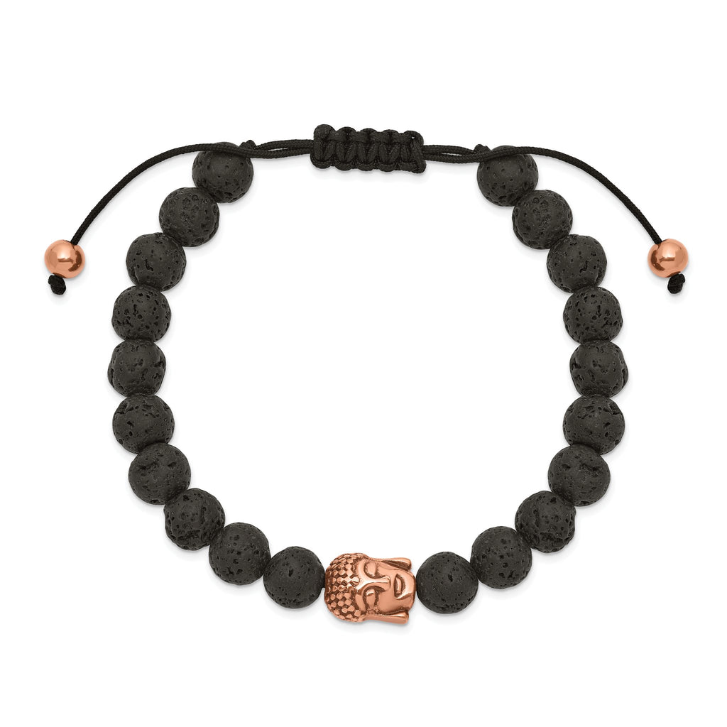 Stainless Steel Antiqued and Polished Rose IP-plated Buddha Lava Stone Black Macrame Adjustable Bracelet for Men