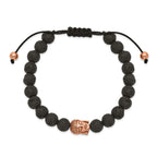 Stainless Steel Antiqued and Polished Rose IP-plated Buddha Lava Stone Black Macrame Adjustable Bracelet for Men