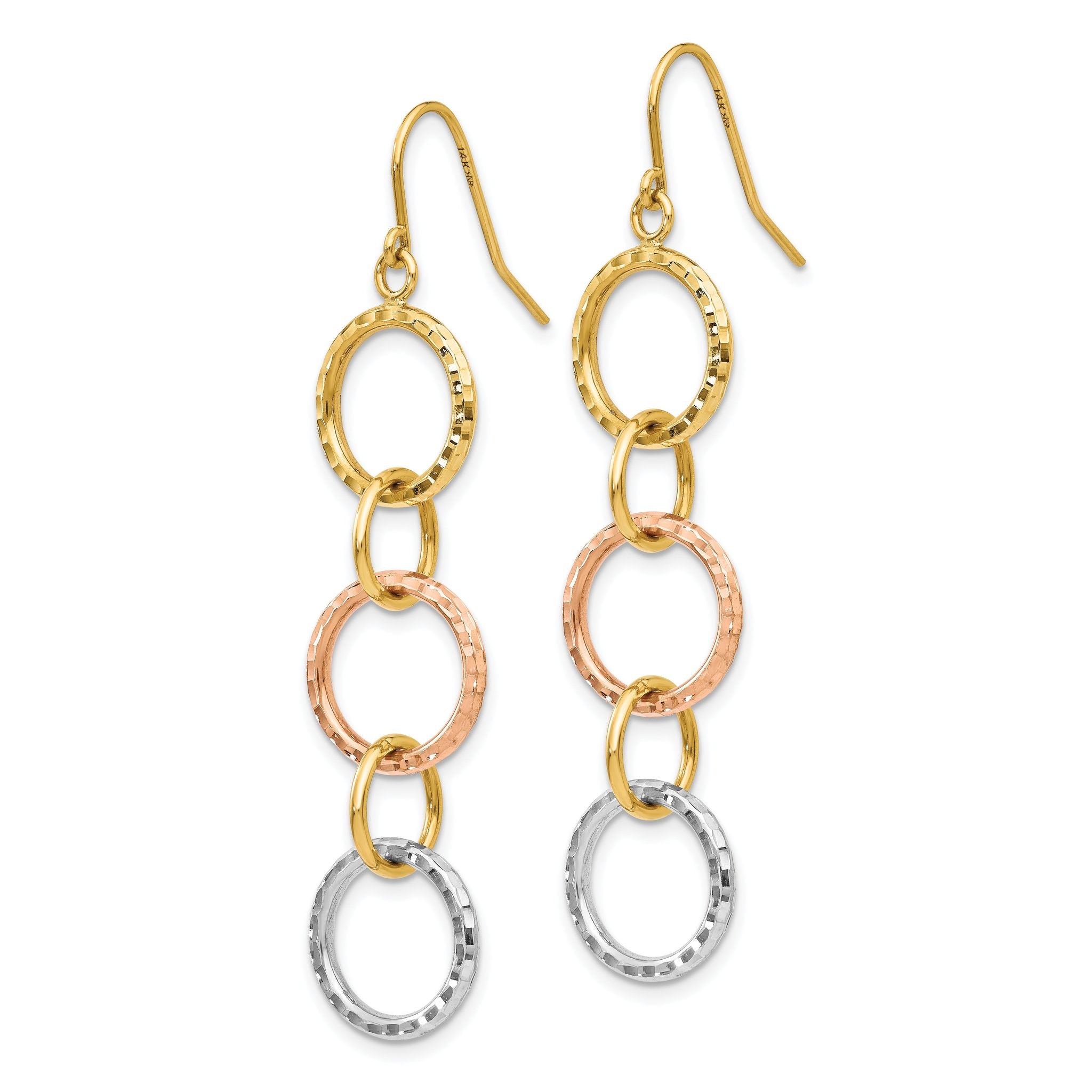 14k Tri-Color Diamond Cut Circle Dangle Earrings Secondary image