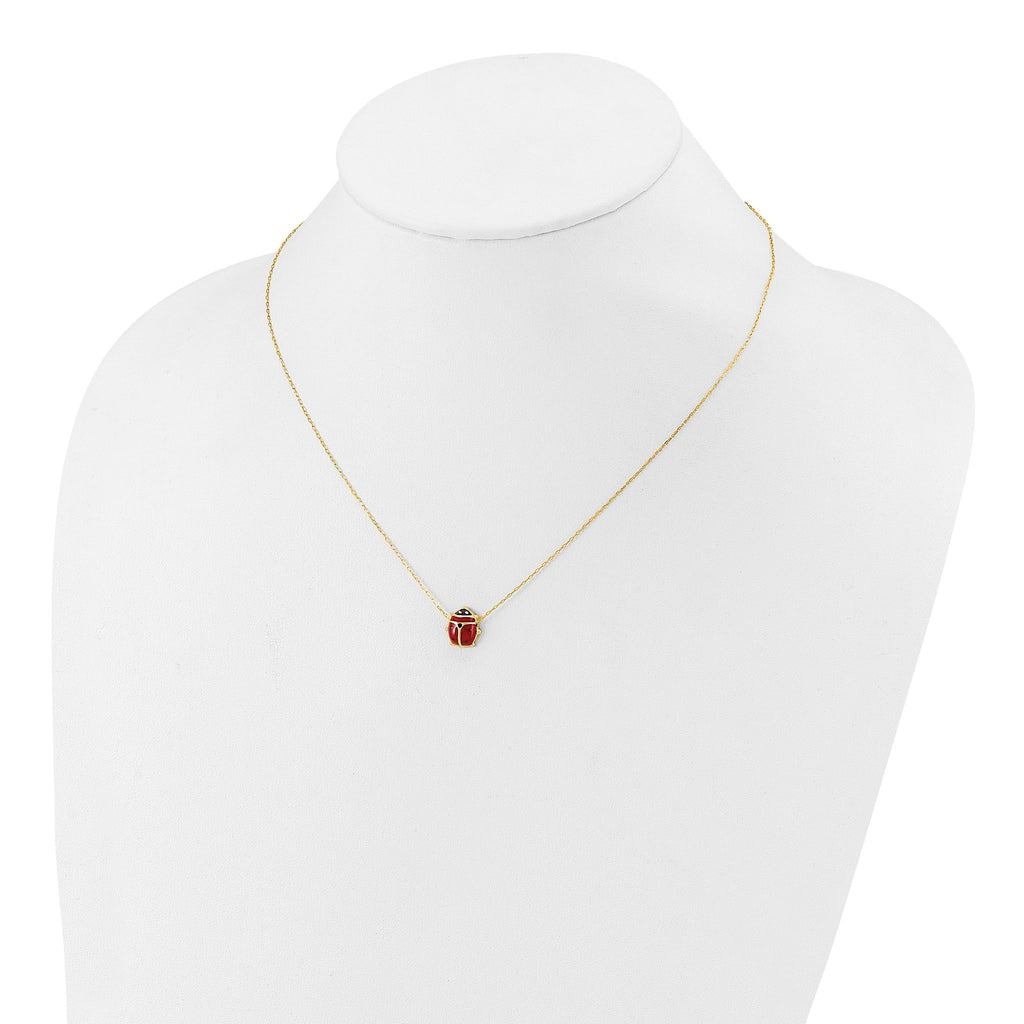 14K Polished Red and Black Enameled Ladybug 17 inch Necklace Plus 1 inch Extender