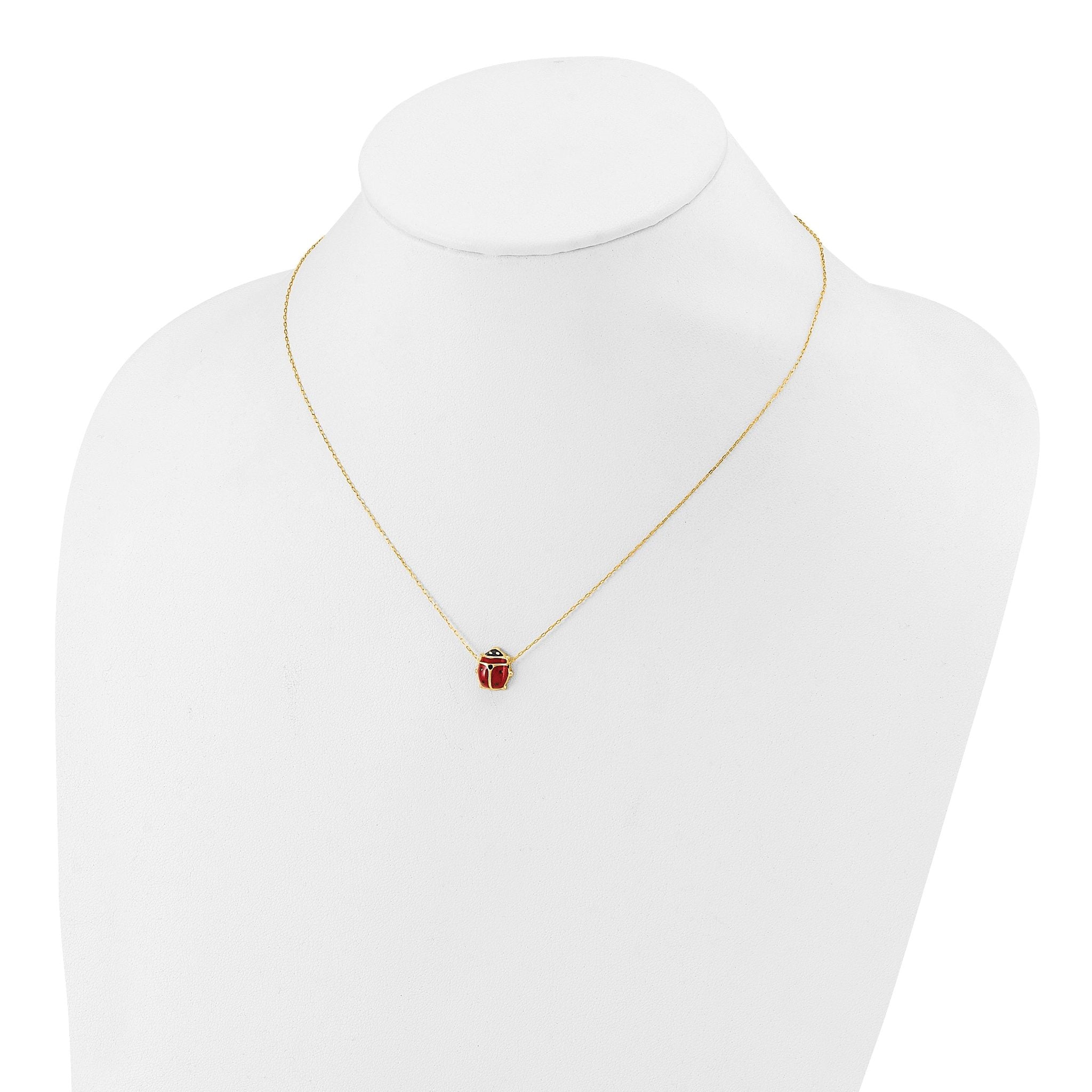 14K Polished Red and Black Enameled Ladybug 17 inch Necklace Plus 1 inch Extender