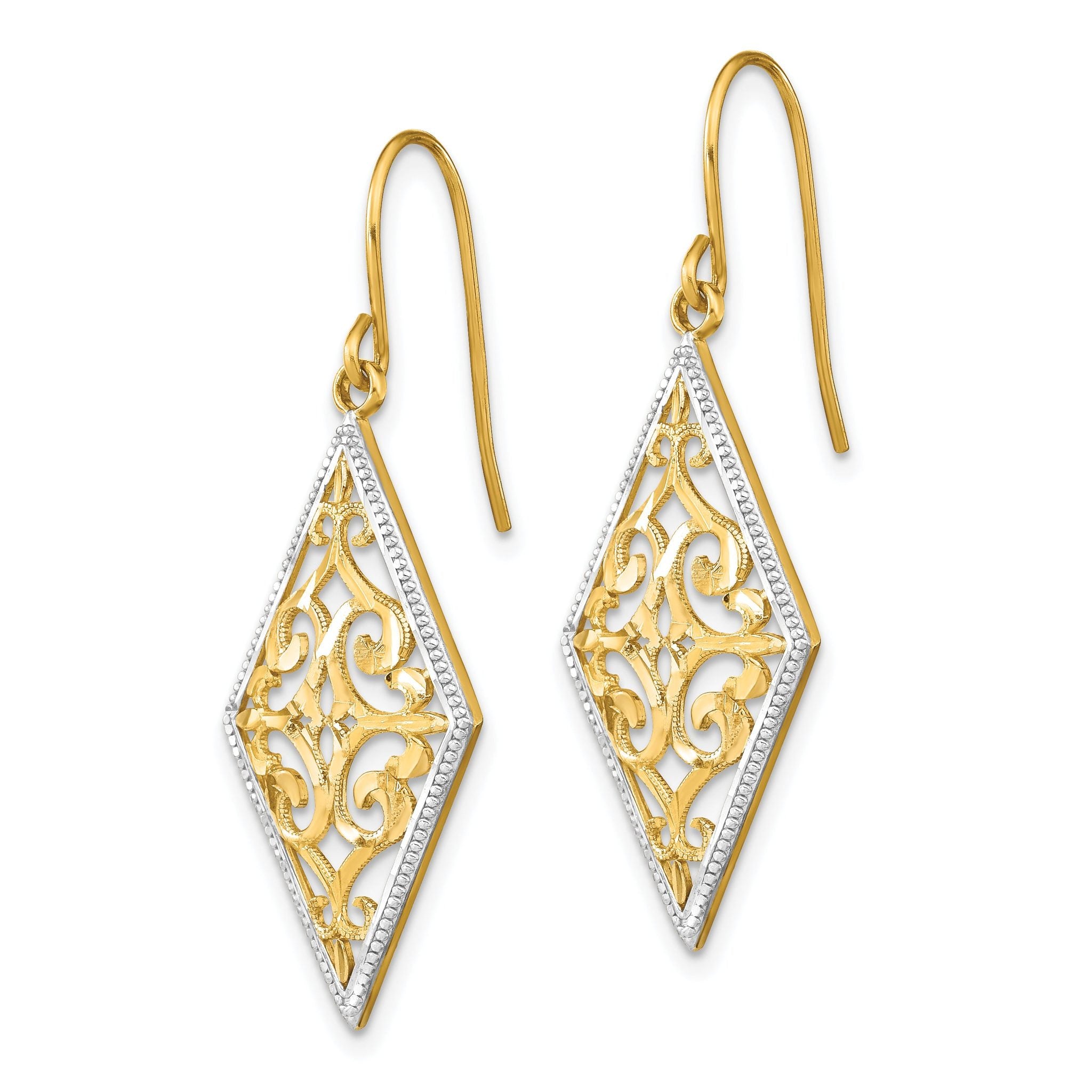 14K w/Rhodium Diamond Shape Filigree Dangle Earrings Secondary image