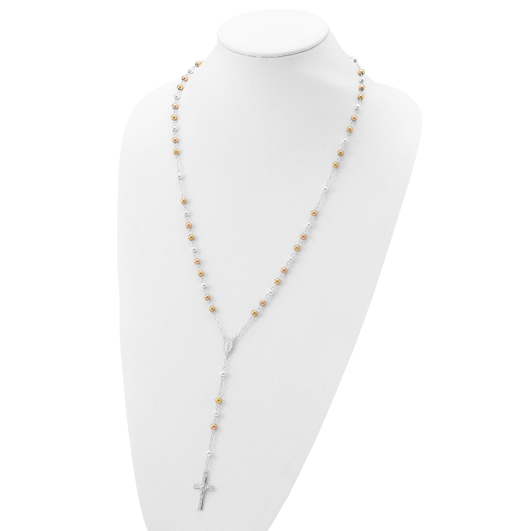 Sterling Silver Tri-Color Rosary Necklace with Polished Finish, 26-Inch
