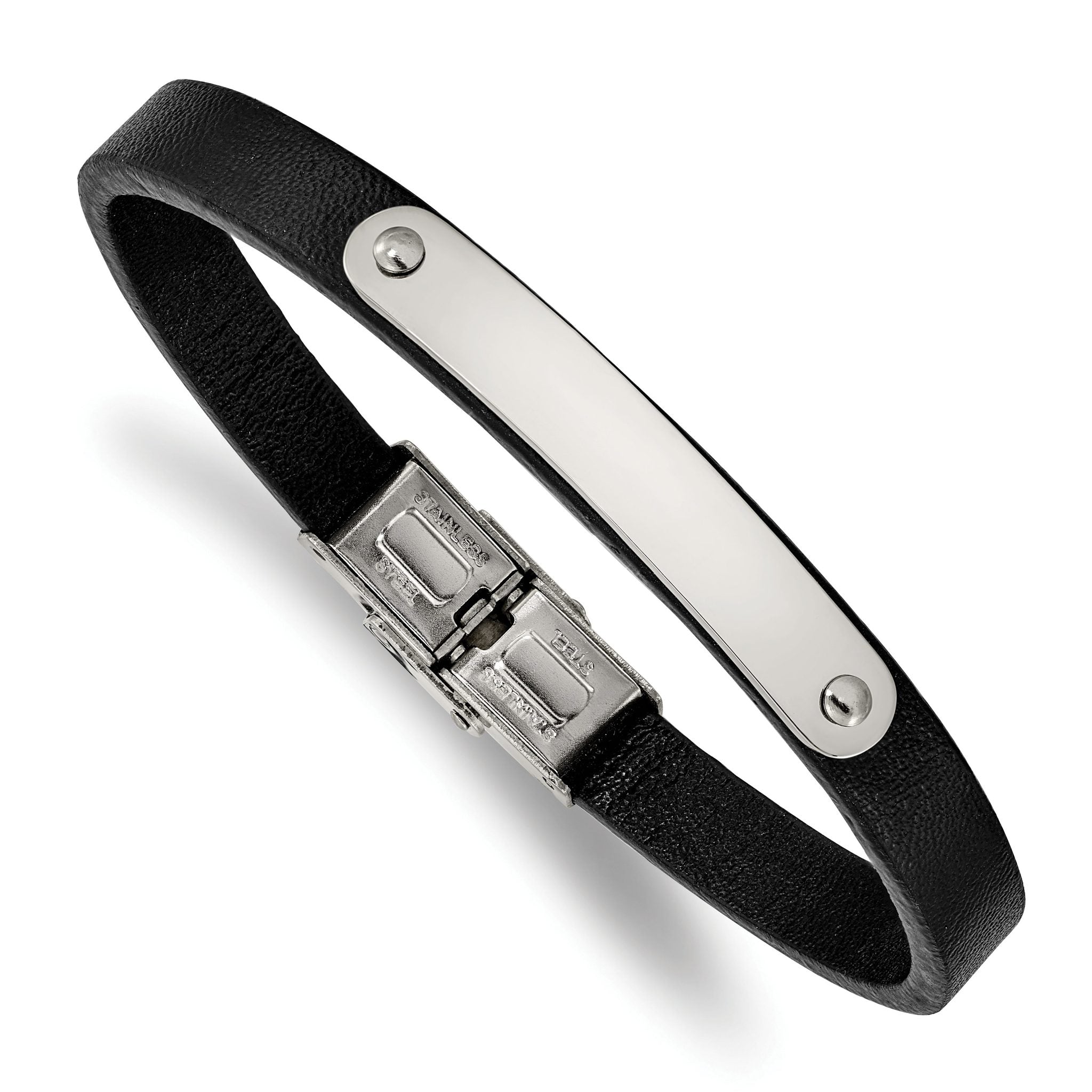Stainless Steel Polished Black Leather ID Bracelet for Men
