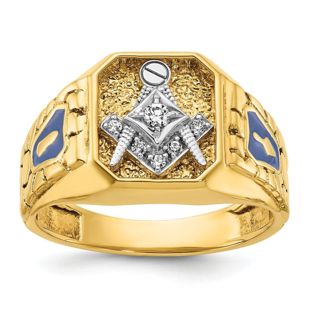 14k Two-tone Men's Polished and Textured with Blue Enamel and Diamond Blue Lodge Master Masonic Ring