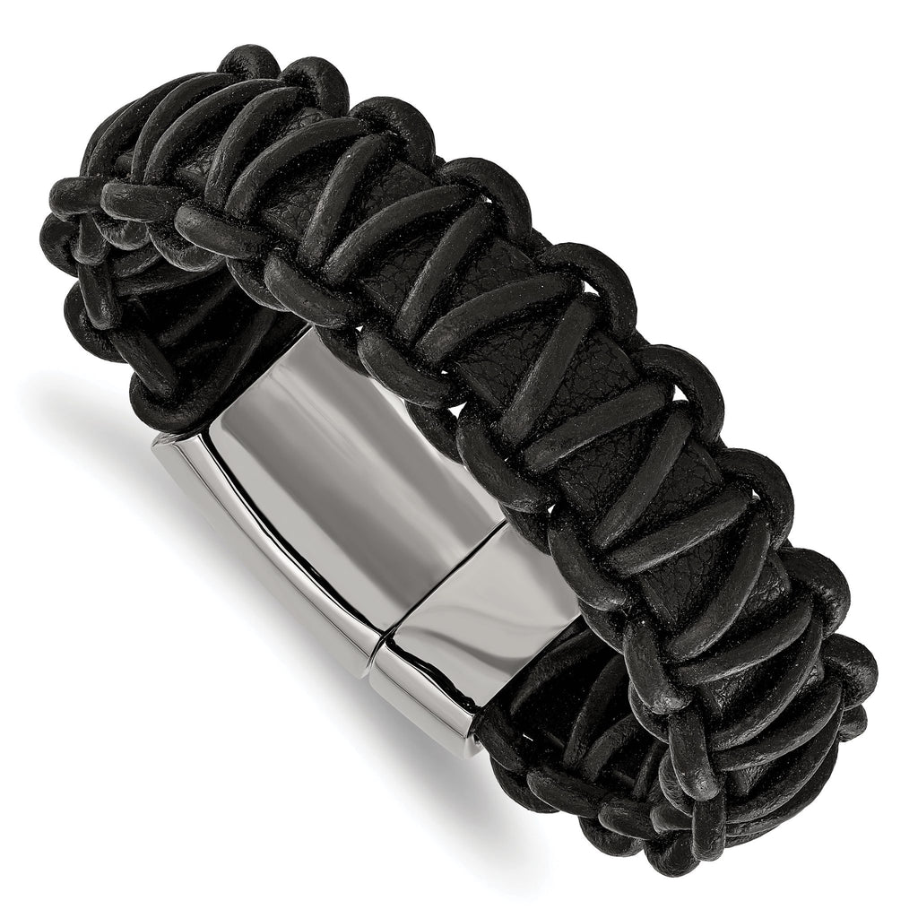 Stainless Steel Polished Rounded Braided Black Leather Bracelet for Men