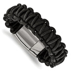 Stainless Steel Polished Rounded Braided Black Leather Bracelet for Men