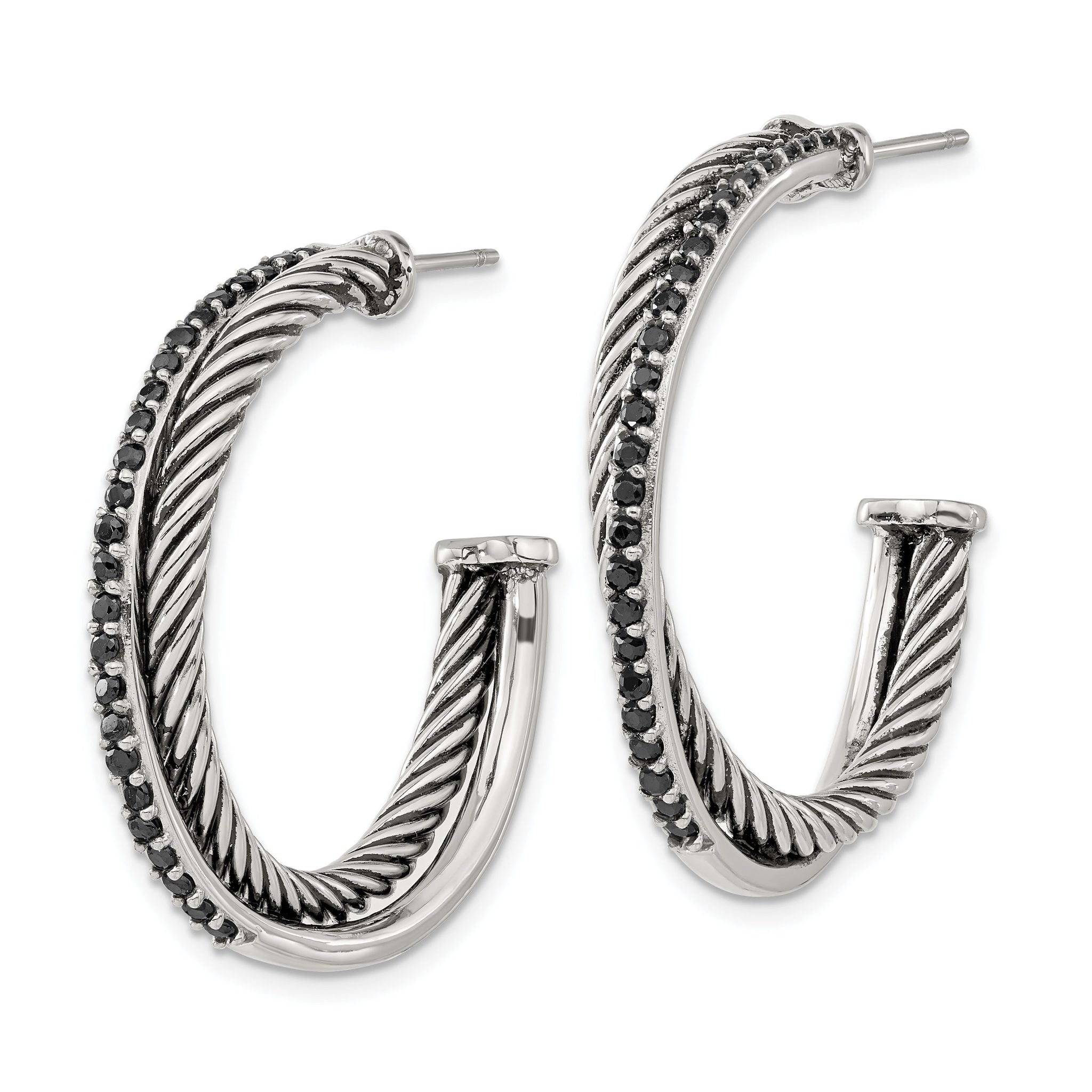 Stainless Steel Polished & Antiqued Twisted Black Cubic Zirconia C-Hoop Earrings for Women Secondary image