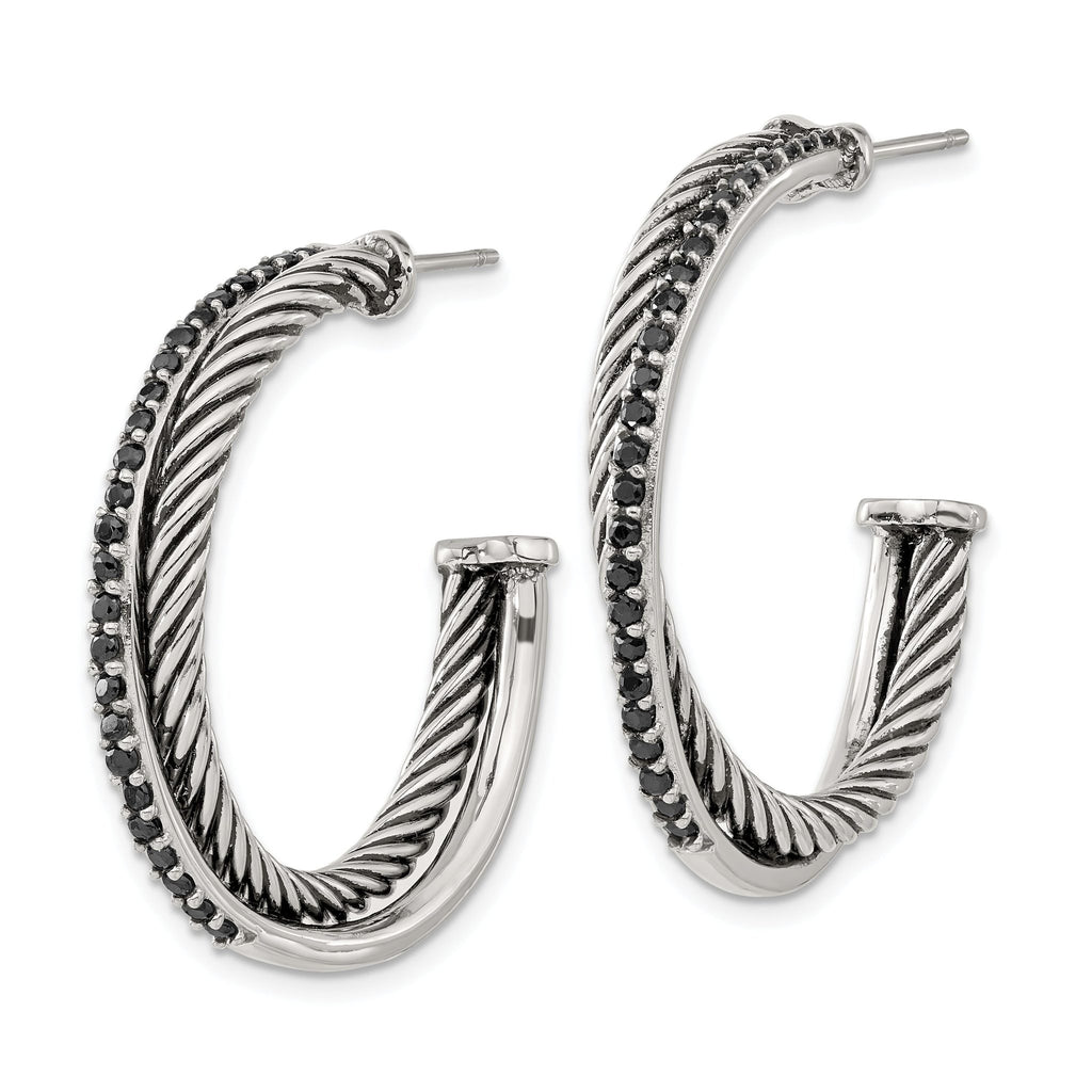 Stainless Steel Polished & Antiqued Twisted Black Cubic Zirconia C-Hoop Earrings for Women
