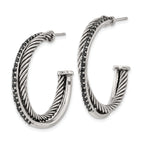 Stainless Steel Polished & Antiqued Twisted Black Cubic Zirconia C-Hoop Earrings for Women