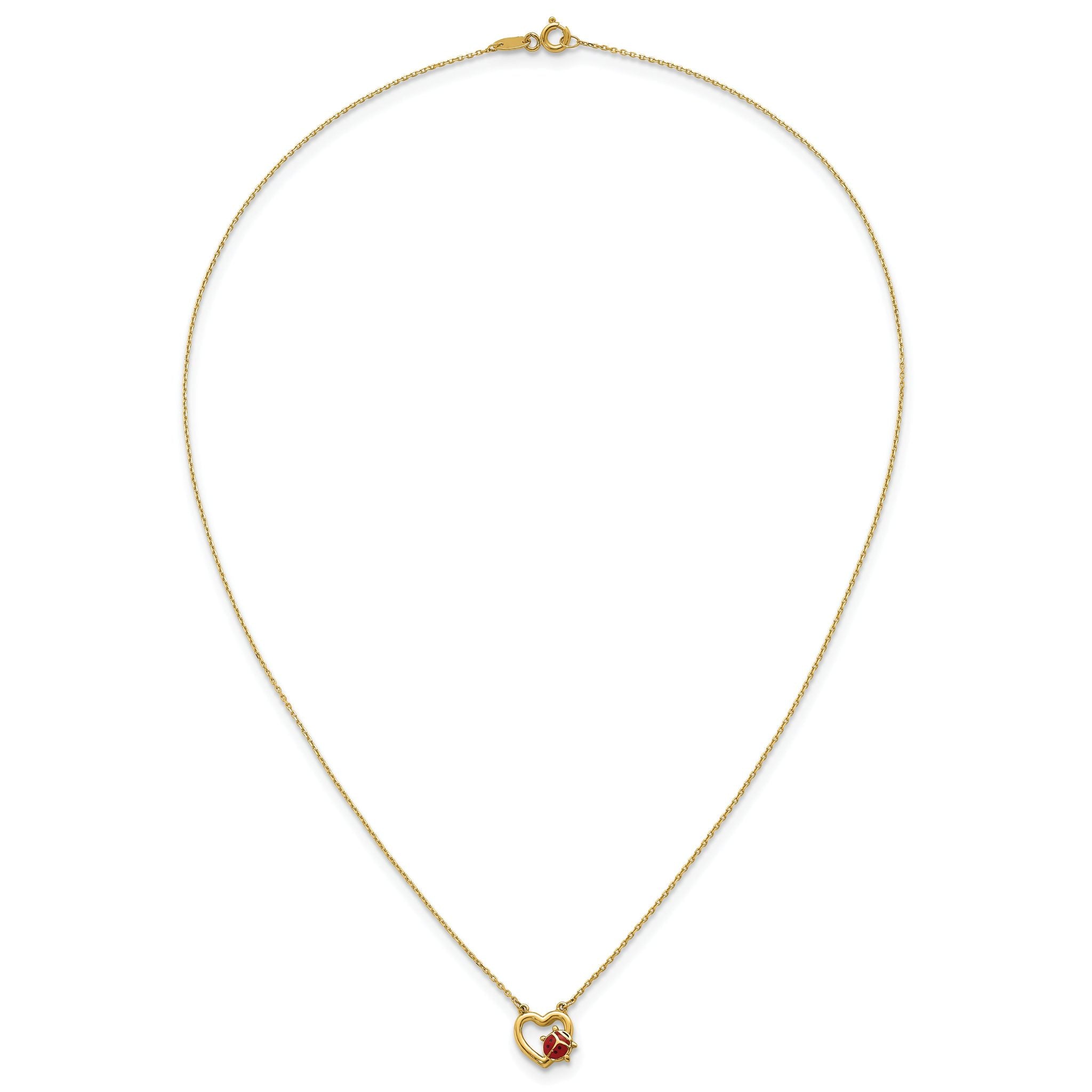 14K Polished Red and Black Enameled Ladybug on Heart 17 inch Necklace