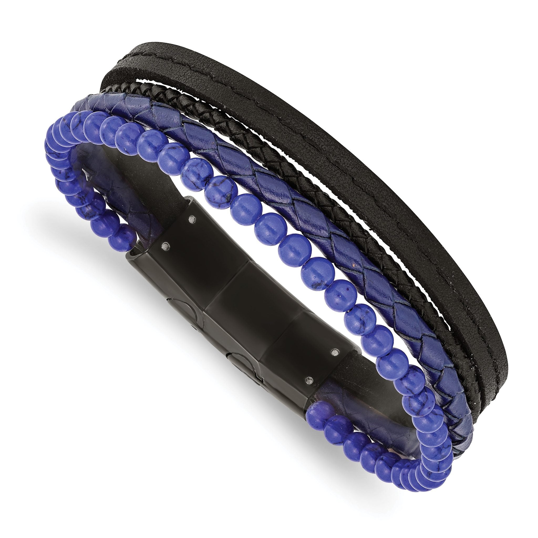 Stainless Steel Polished Black IP-plated Multi Strand Lapis Beaded Black and Blue Leather Bracelet with . Extension Main image