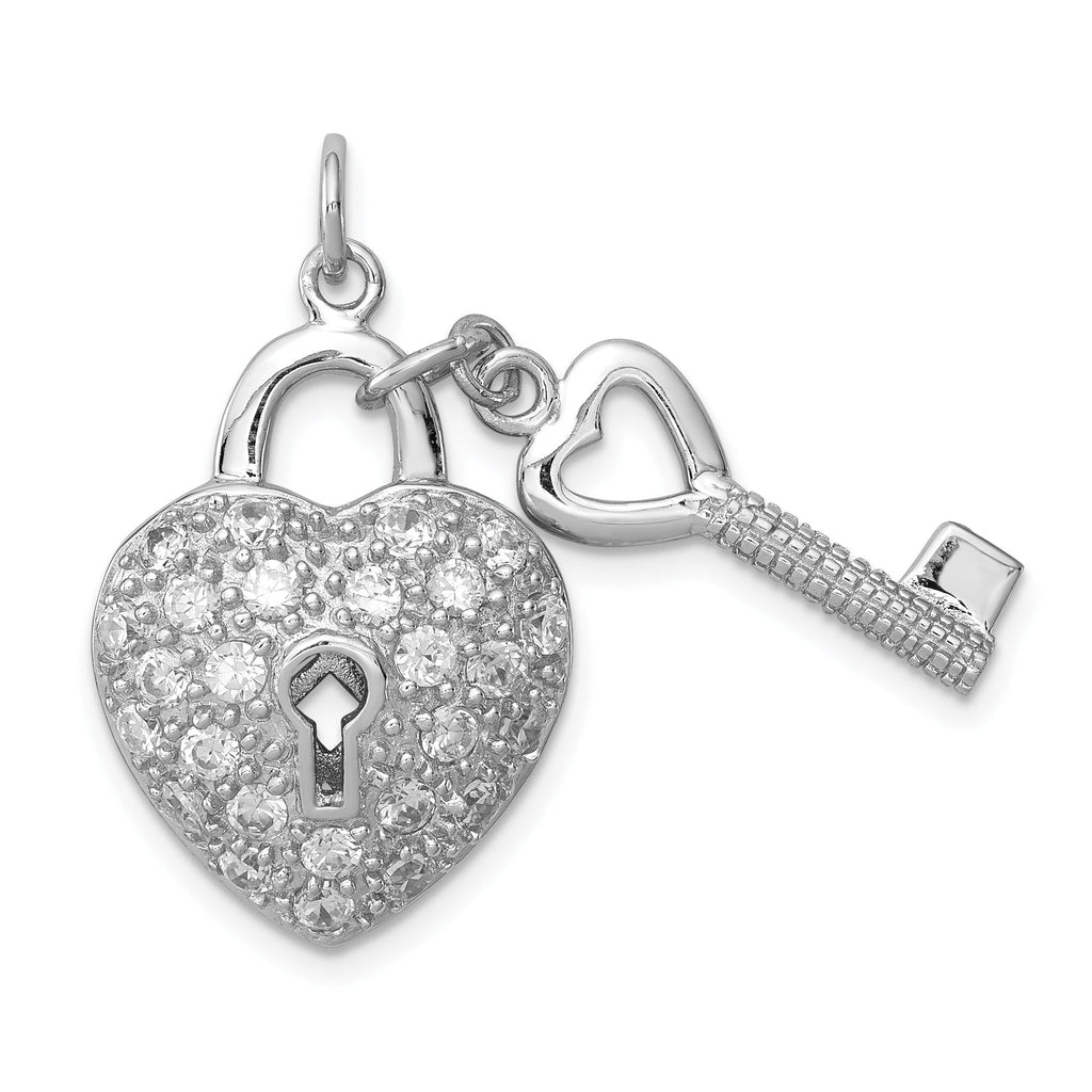 Sterling Silver CZ Heart Lock & Key Pendant with Rhodium Finish
