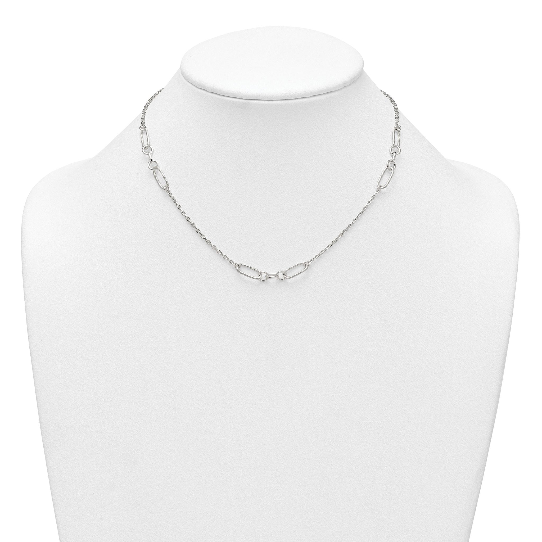 Sterling Silver Polished and Textured Fancy Link and Chain 16 inch Necklace