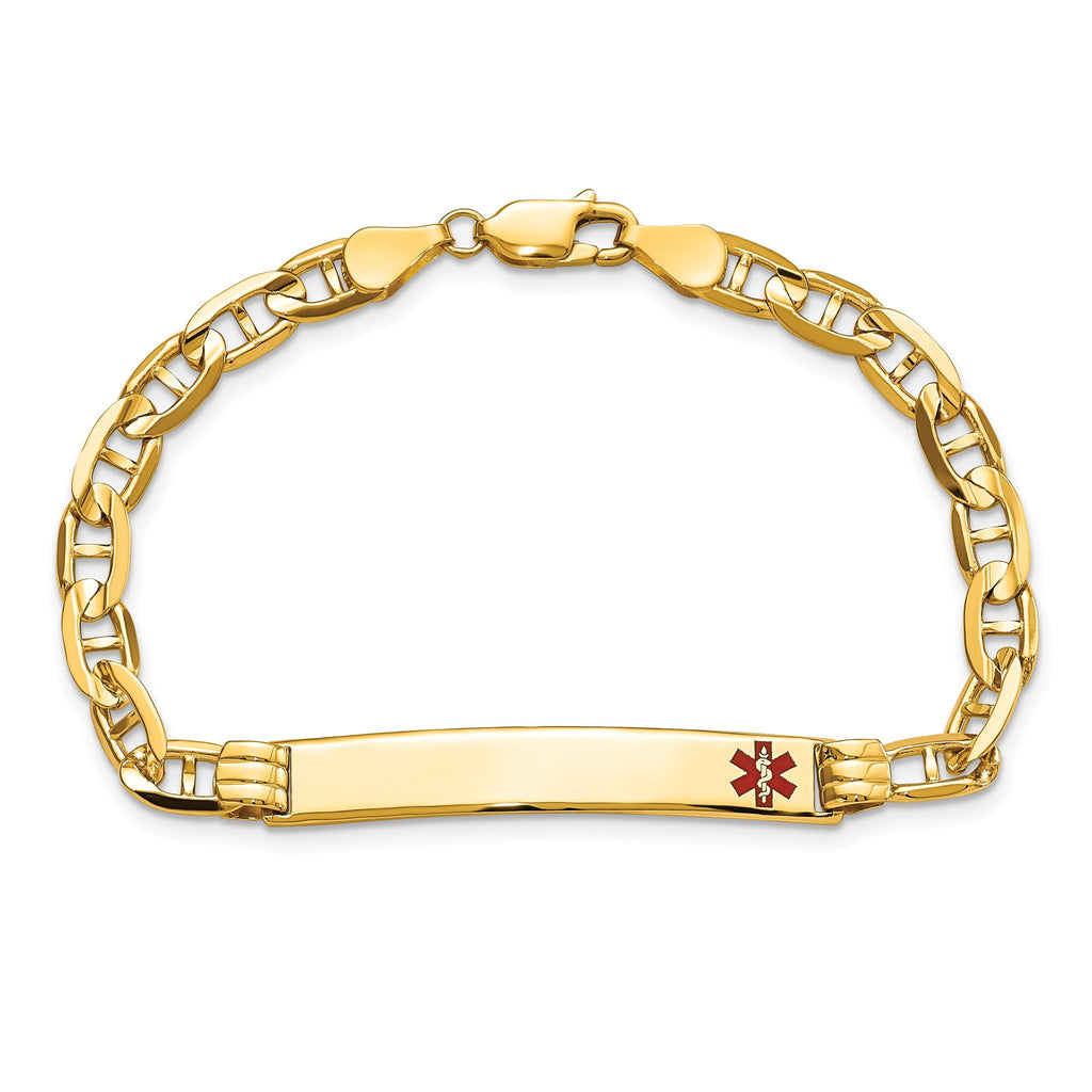 14K Medical Solid Chain/Solid Plate 37x6mm Off-Center Red Enamel Anchor Link 8 inch ID Bracelet