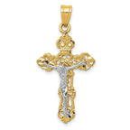 14K Two Tone Gold Fleur De Lis Crucifix Pendant Elegant Unisex Design