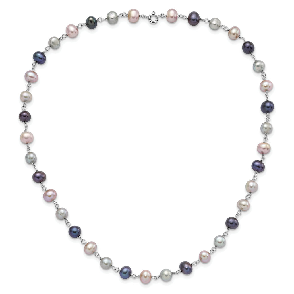 Sterling Silver Rhodium-plated 6-7mm Grey, Pink and Black Semi-Round Freshwater Cultured Pearl 18 inch Necklace, 7.25 inch Bracelet and 3-piece Button Post Earrings Set