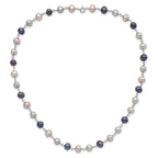 Sterling Silver Rhodium-plated 6-7mm Grey, Pink and Black Semi-Round Freshwater Cultured Pearl 18 inch Necklace, 7.25 inch Bracelet and 3-piece Button Post Earrings Set