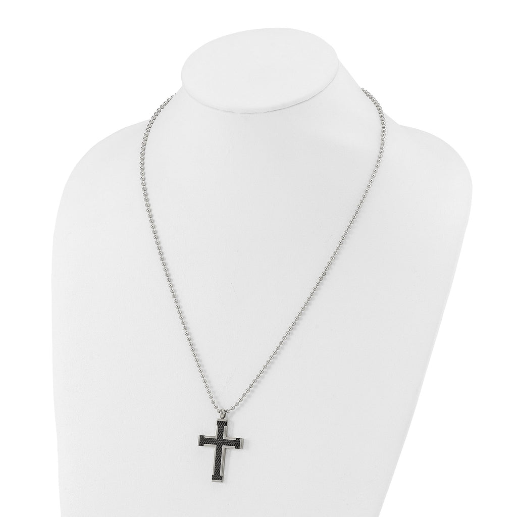 Chisel Titanium Polished Black IP-plated Laser Cut Cross 22 inch Necklace