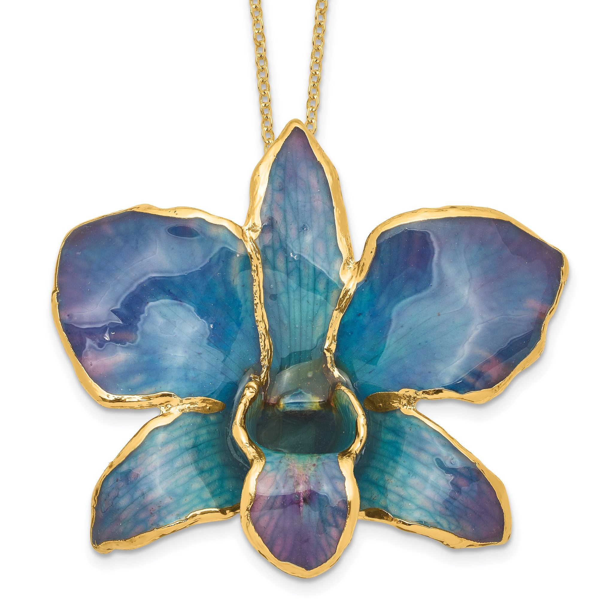 24K Gold-trim Lacquer Dipped Blue and Purple Real Dendrobium Orchid 20 inch Gold-tone Necklace Main image