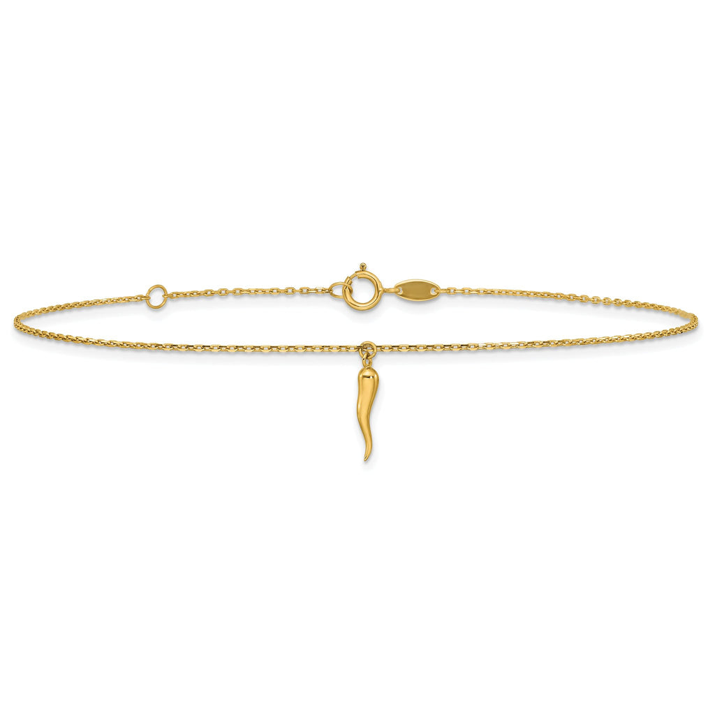 14K Italian Horn Charm 9 inch Plus 1 inch Extender - Total 10 inch Anklet