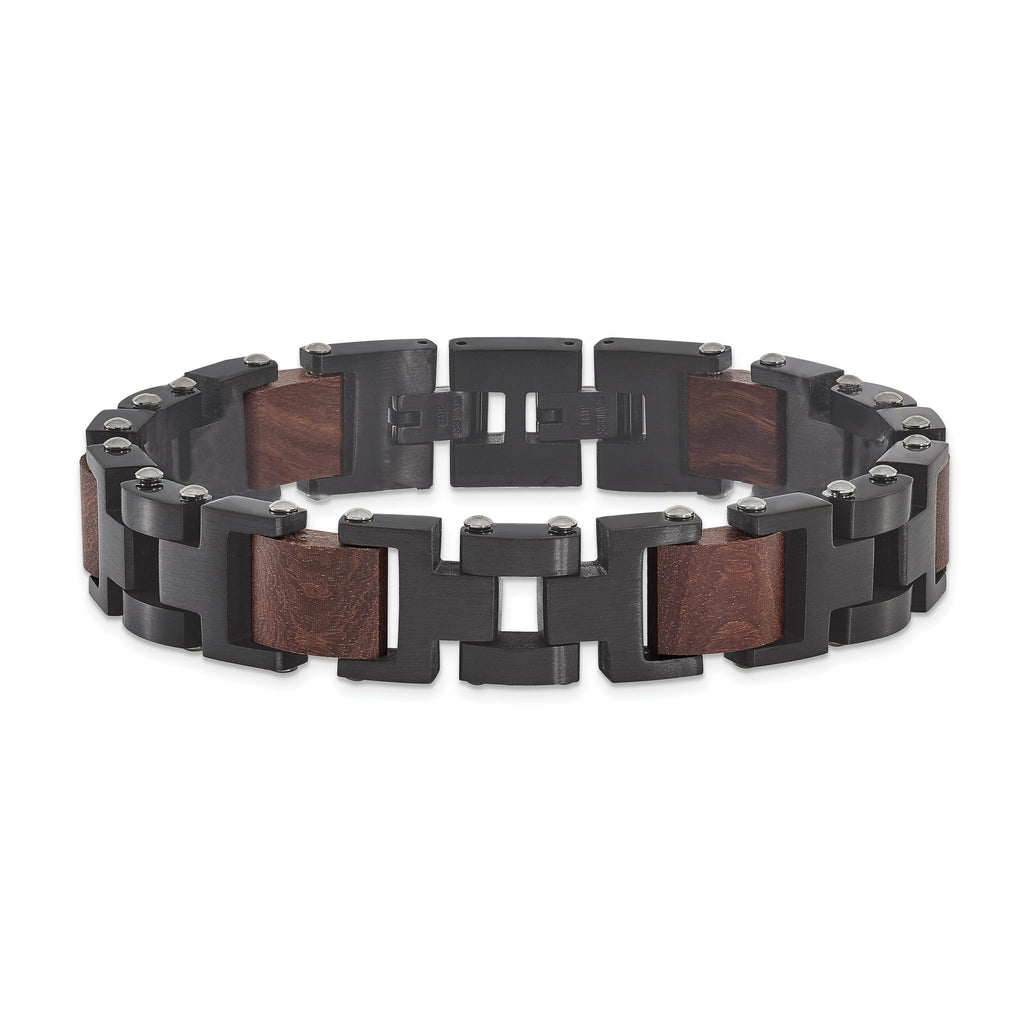 Stainless Steel Brushed Black IP-plated with Wood Inlay Link Bracelet with . Extension for Men