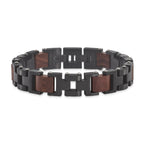 Stainless Steel Brushed Black IP-plated with Wood Inlay Link Bracelet with . Extension for Men