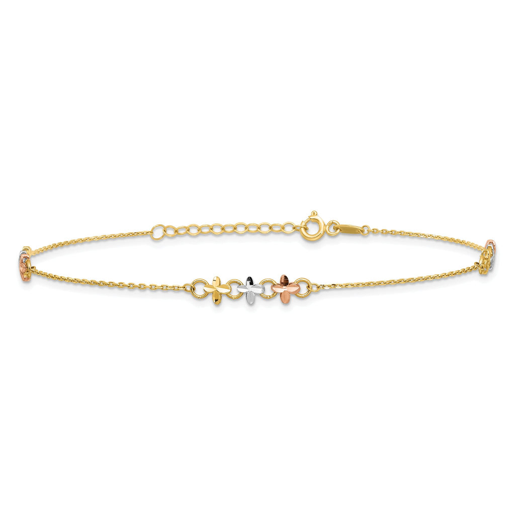 14K Two-tone with White Rhodium 3-Station Flowers 9 inch Plus 1 inch Extender - Total 10 inch Anklet