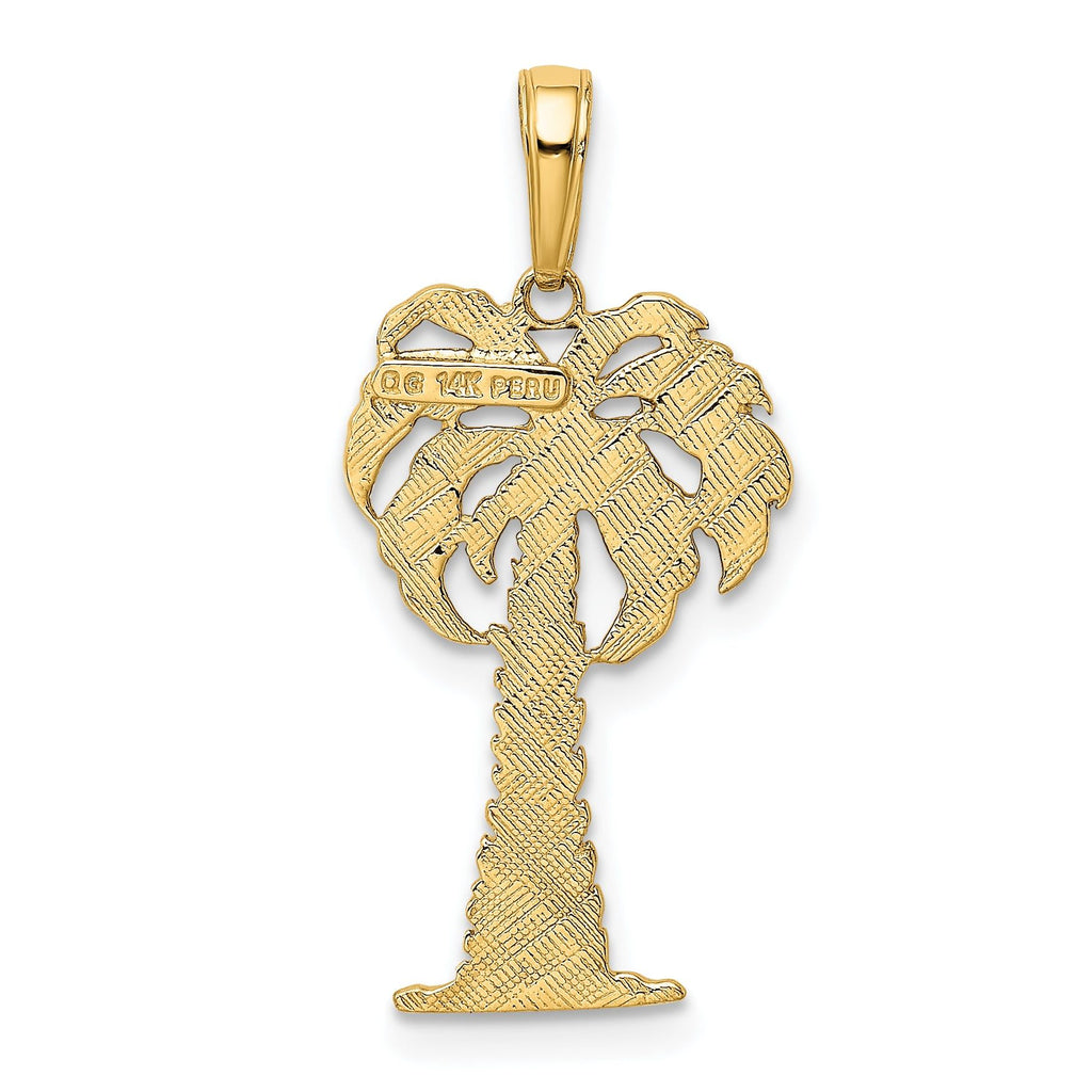 14K Gold Palm Tree Pendant with Rhodium Accents, Polished & Textured Finish