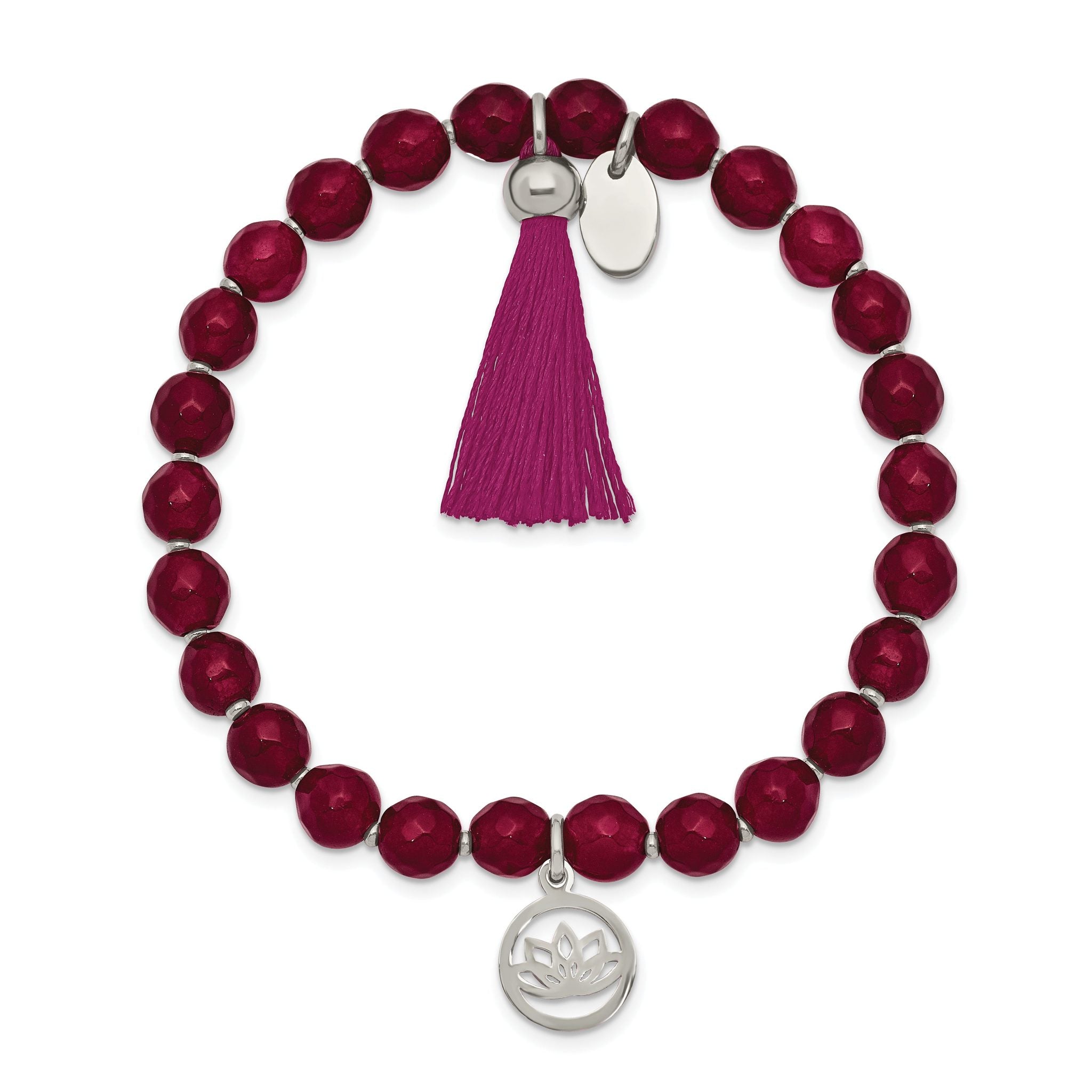 Stainless Steel Polished Lotus 6mm Pink Jade Beaded Stretch Bracelet with Tassel for Women