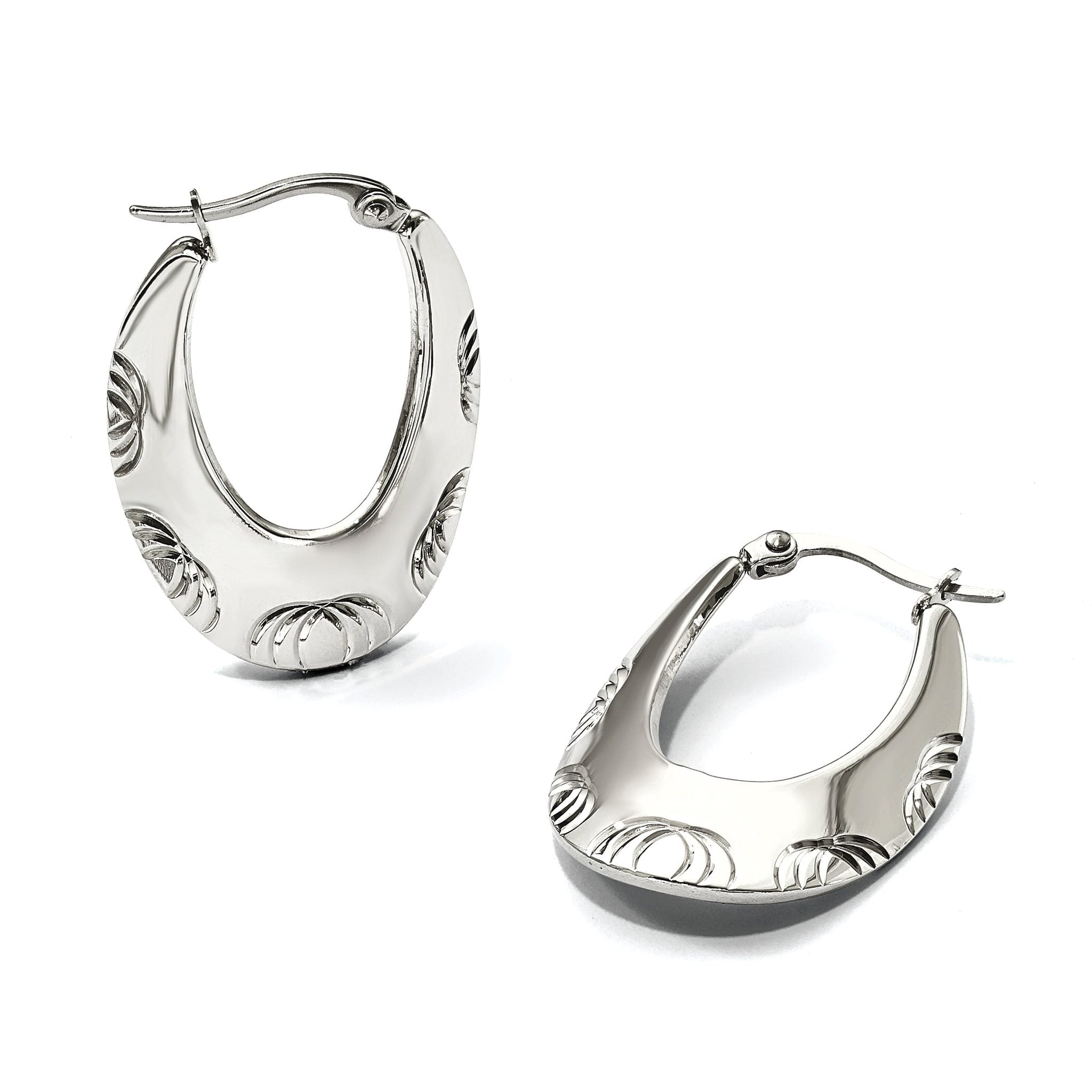 Stainless Steel Polished Textured Creole Hoop Earrings for Women