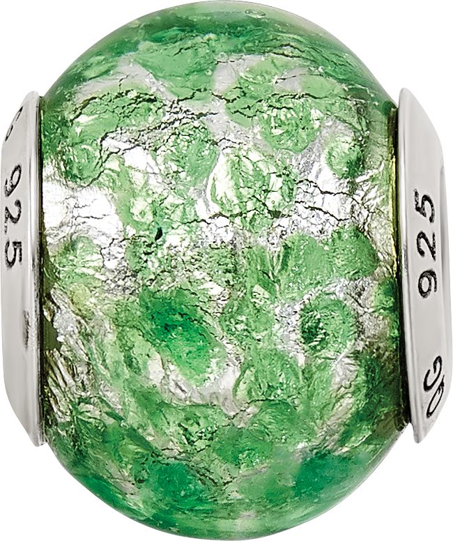 Sterling Silver 925 Murano Glass Bead with Green and White Design
