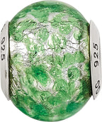 Sterling Silver 925 Murano Glass Bead with Green and White Design