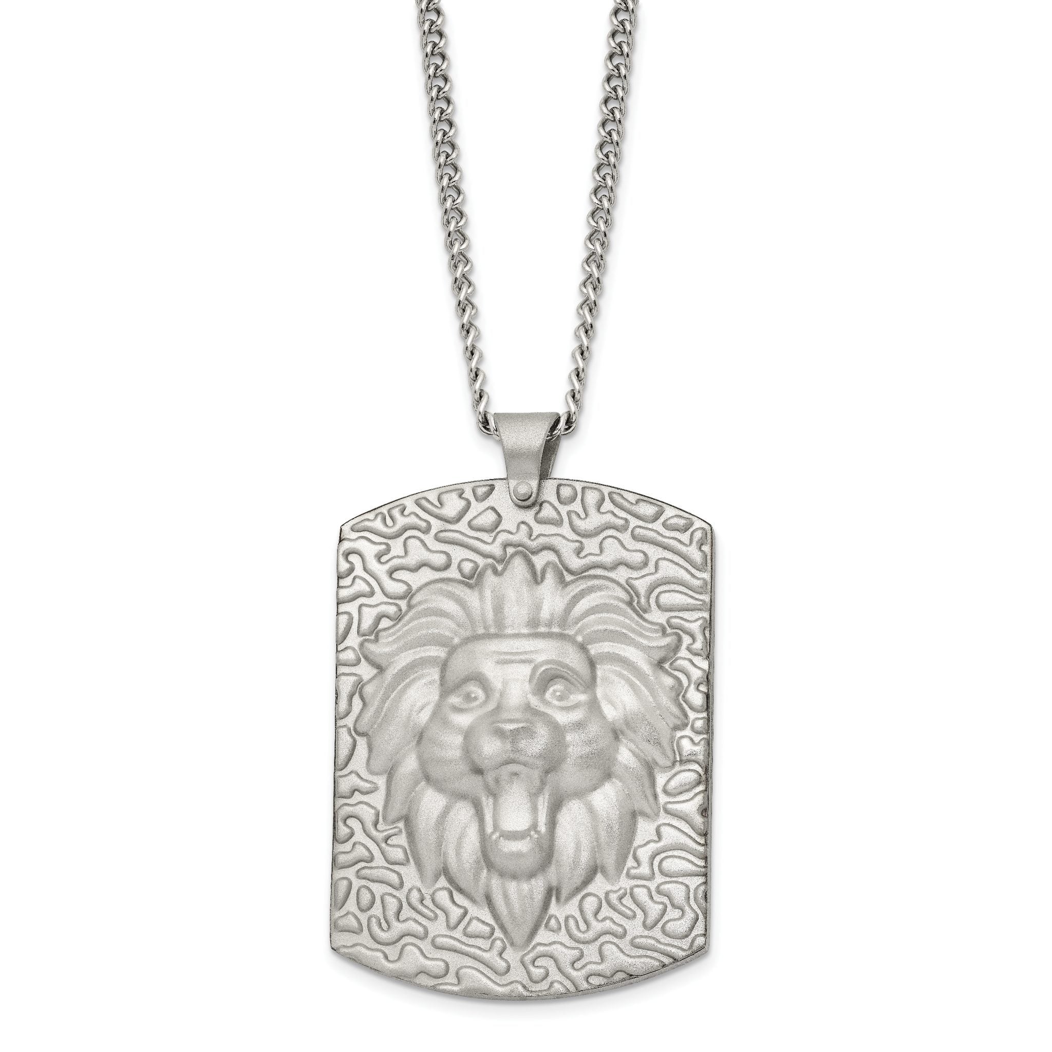 Stainless Steel Matte Finish Lion Head Large Dog Tag 24 inch Necklace Main image