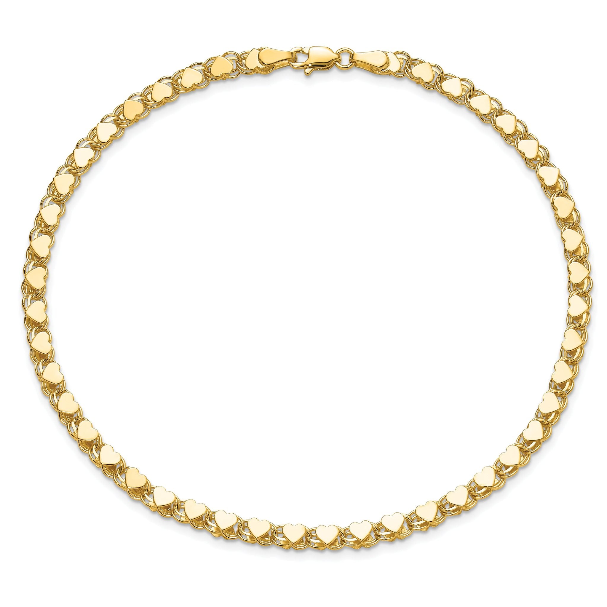 14k Polished Double-Sided Hearts Double Link 10 inch Anklet
