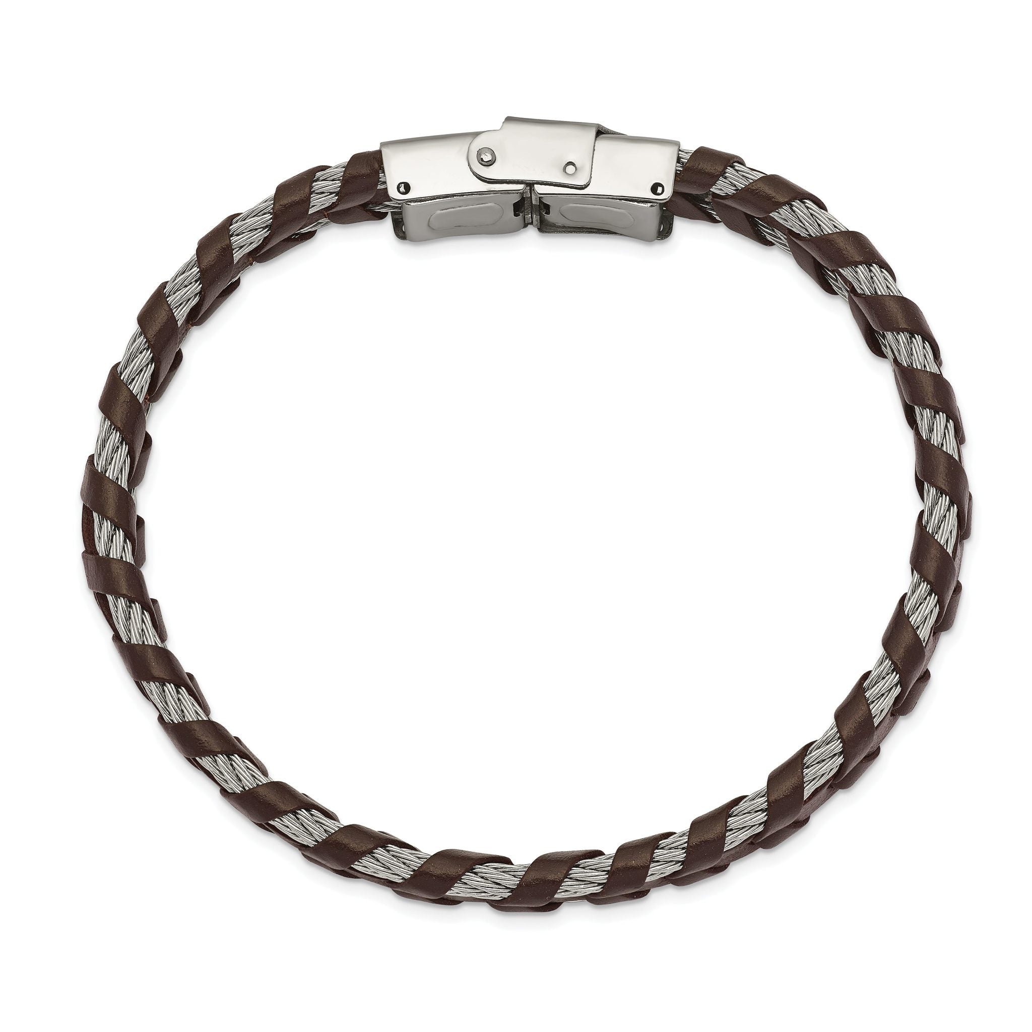 Stainless Steel Polished Cable and Brown Leather Bracelet for Men Secondary image