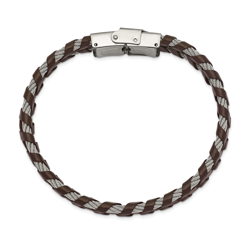 Stainless Steel Polished Cable and Brown Leather Bracelet for Men