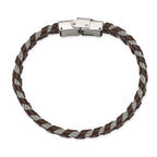 Stainless Steel Polished Cable and Brown Leather Bracelet for Men