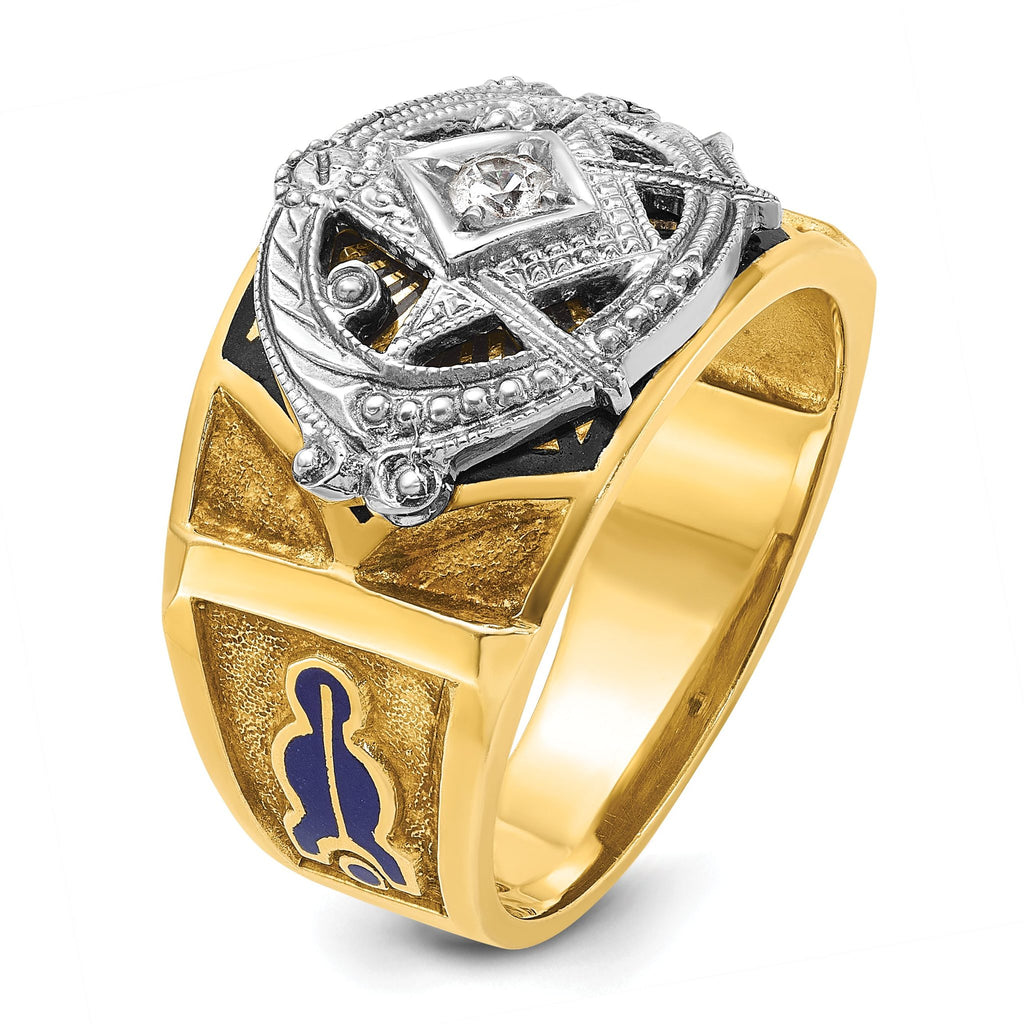 14k Two-tone Men's Polished and Textured with Blue and Black Enamel Diamond Blue Lodge Master Masoni