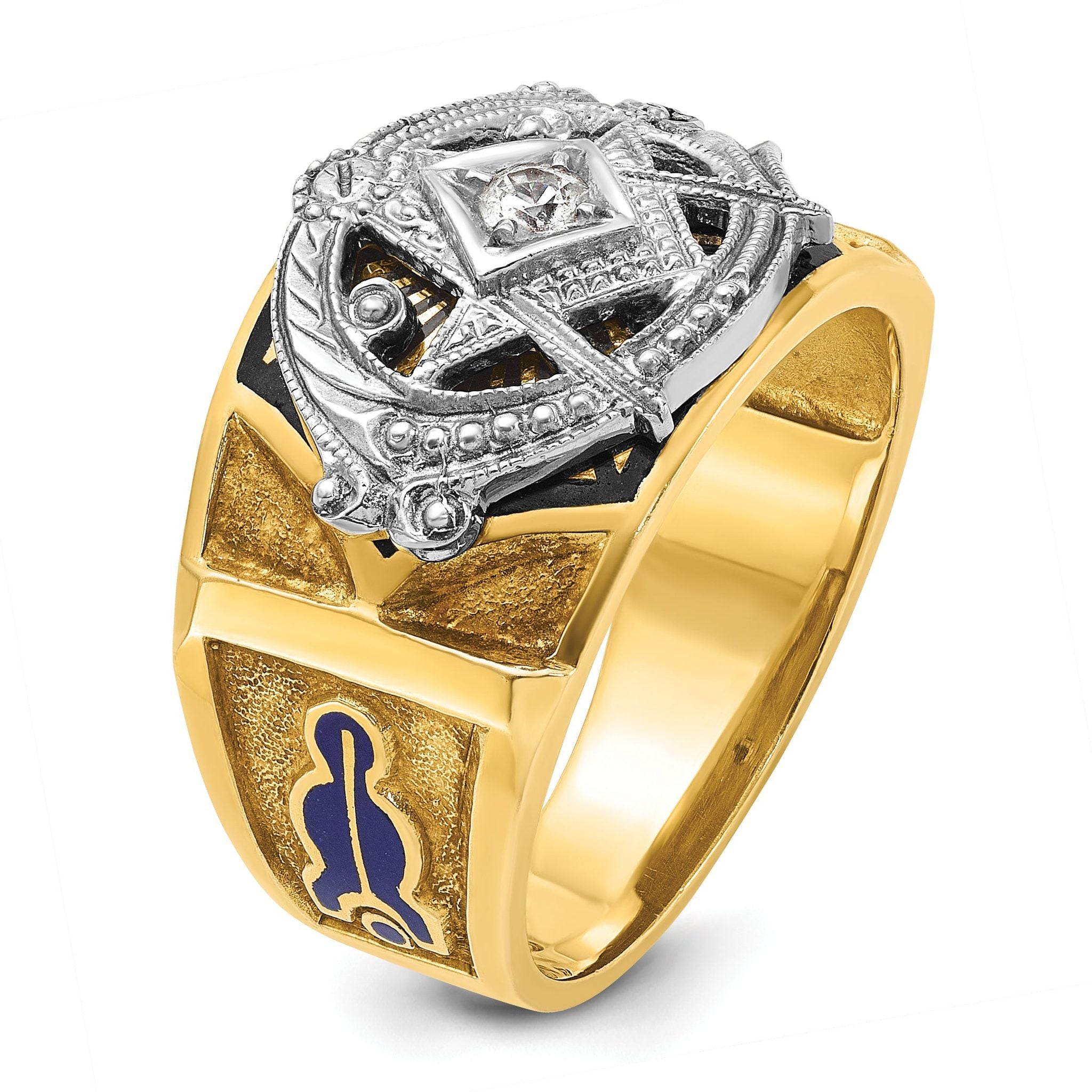 14k Two-tone Men's Polished and Textured with Blue and Black Enamel Diamond Blue Lodge Master Masoni