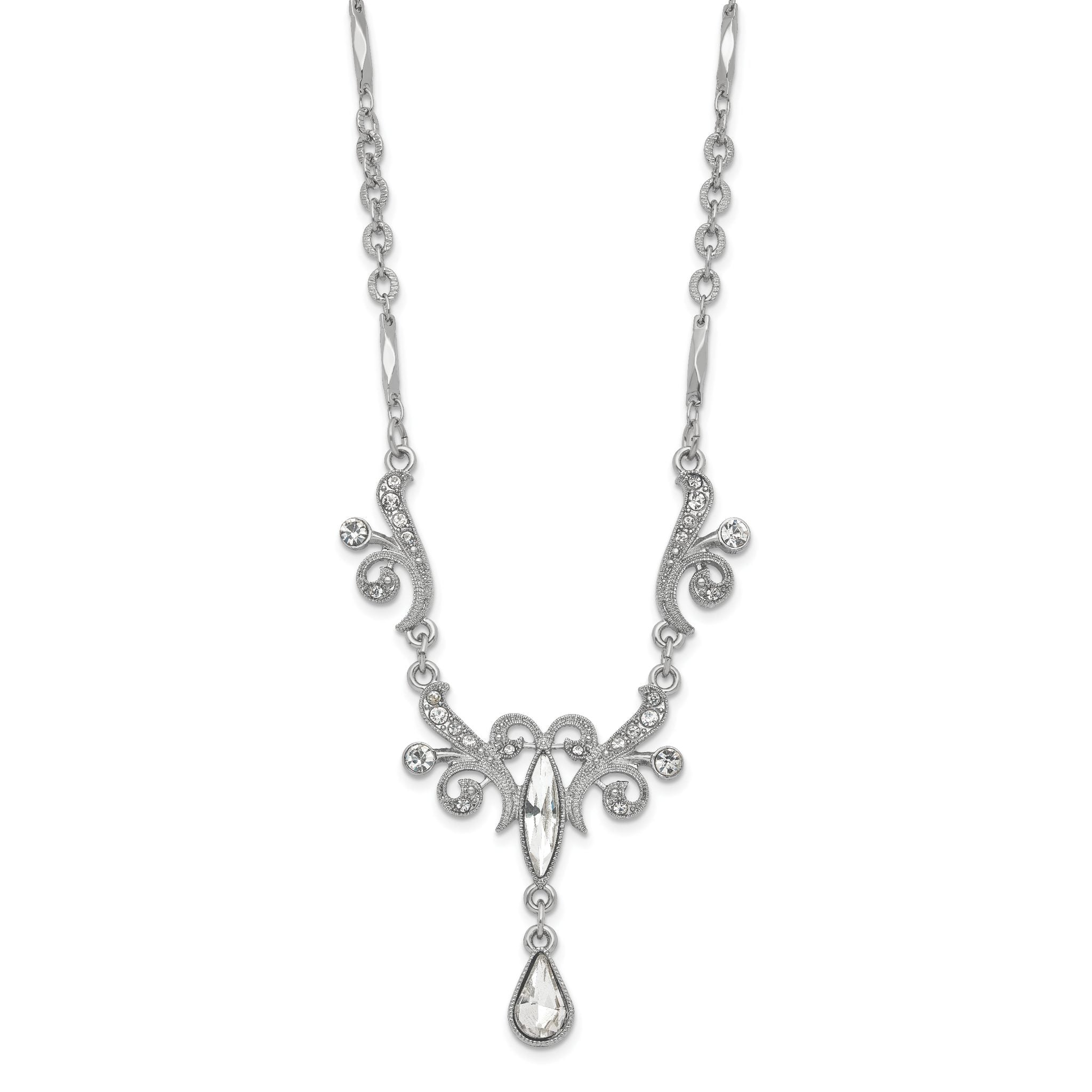 1928 Jewelry Silver-tone Sparkling Clear Crystals from Crystal Teardrop Adjustable 15 inch Vintage Style Necklace with 3 inch extension