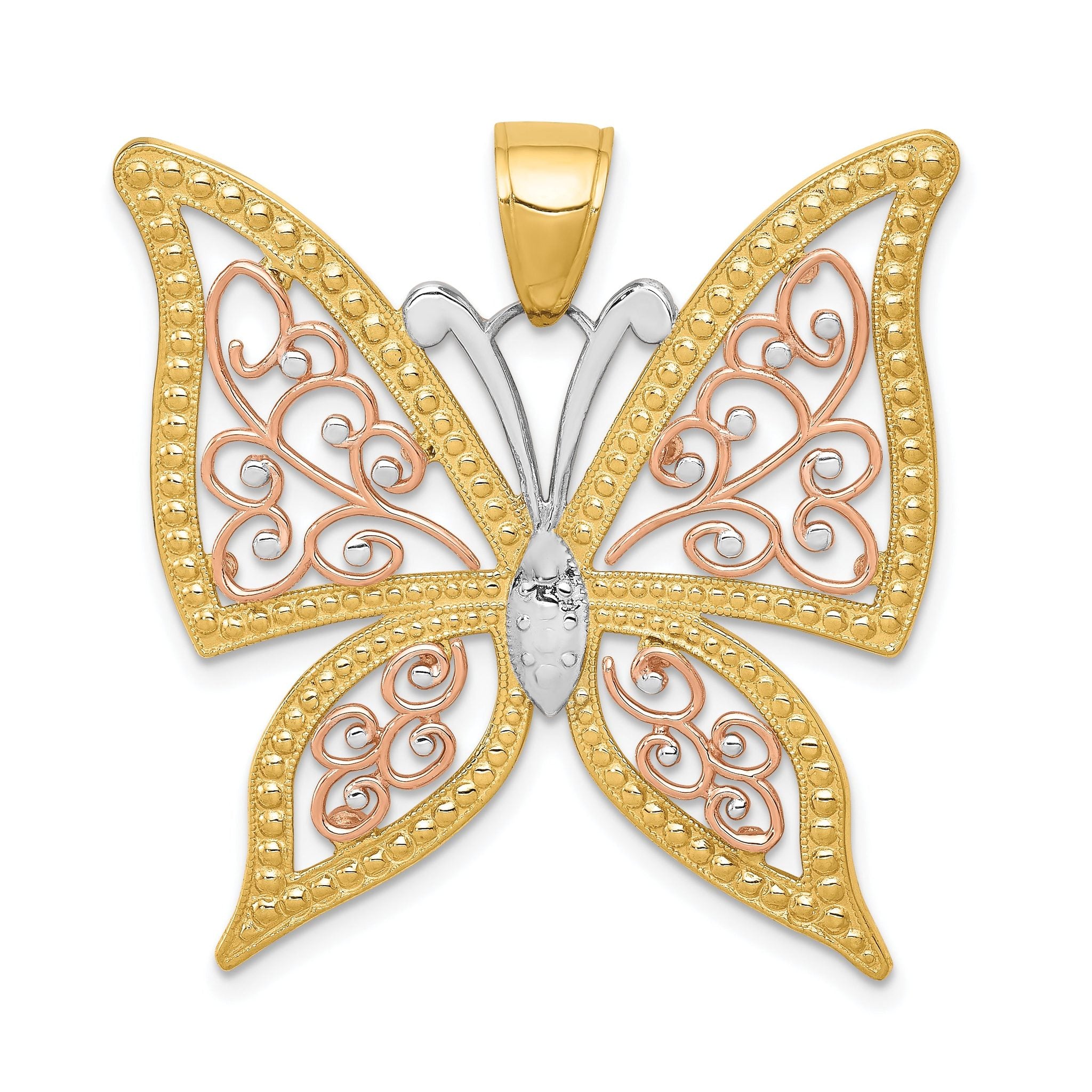 14K Two-Tone Gold Butterfly Pendant with White Rhodium Diamond-Cut Finish Main image