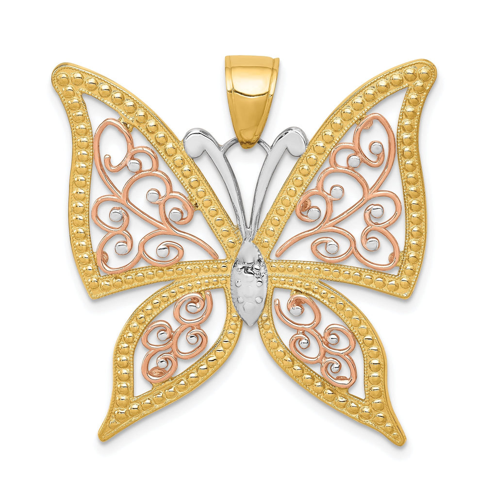 14K Two-Tone Gold Butterfly Pendant with White Rhodium Diamond-Cut Finish