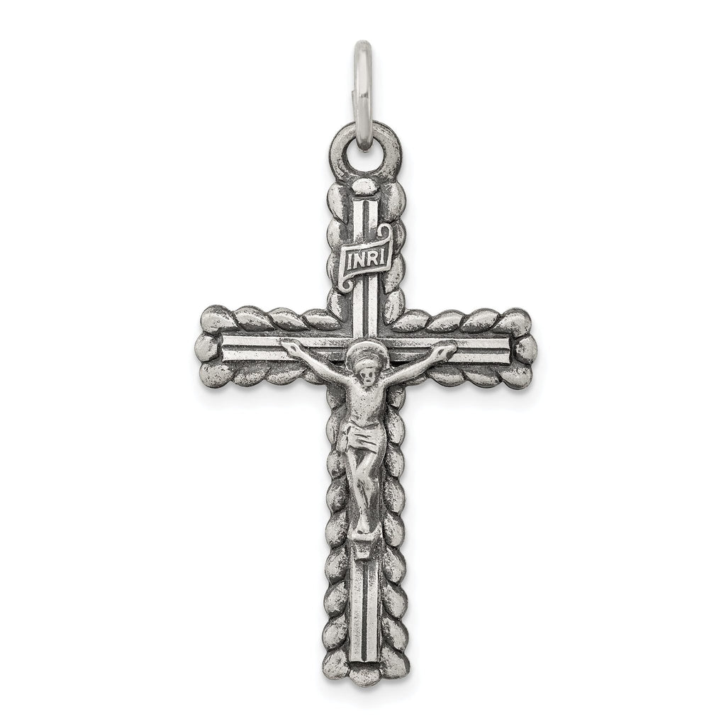 Sterling Silver 925 INRI Crucifix Pendant with Antiqued Polished Finish